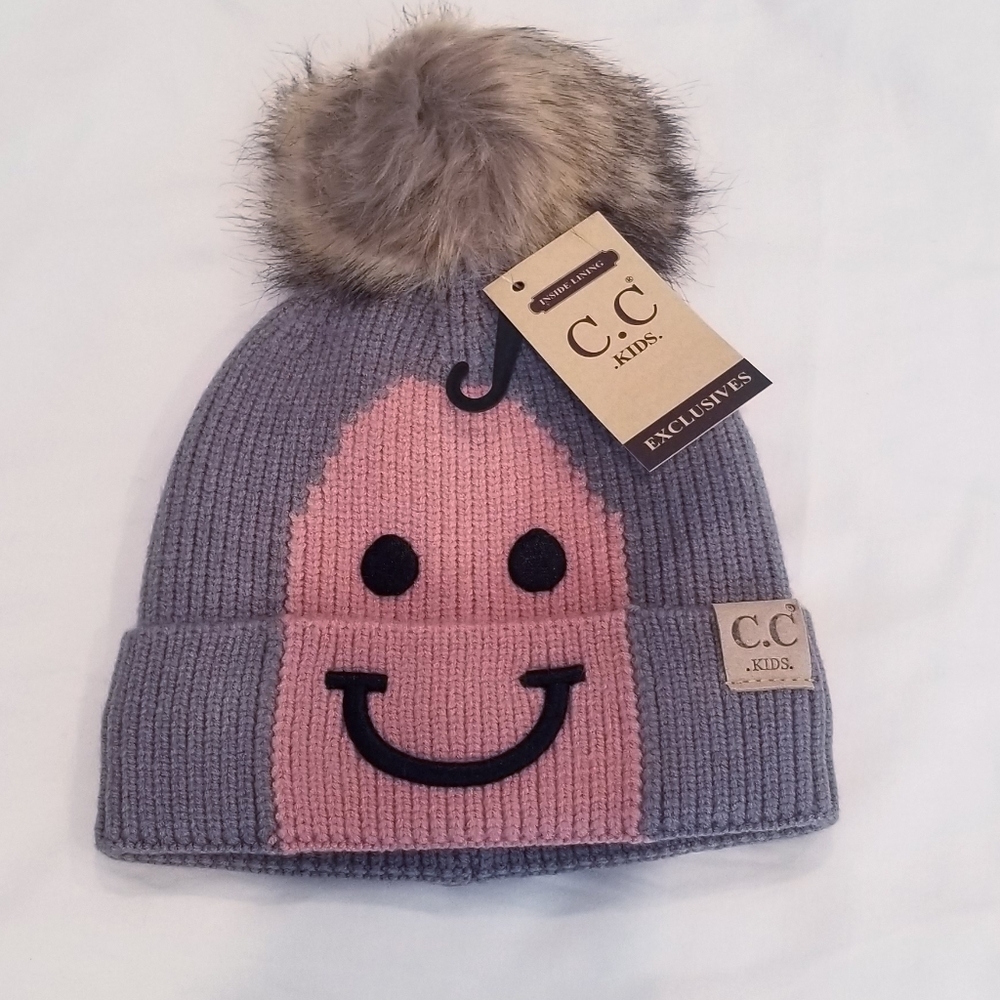 Girls C.C Smiley/Sad Face Grey& Rose Faux Fur Pom Pom Beanie